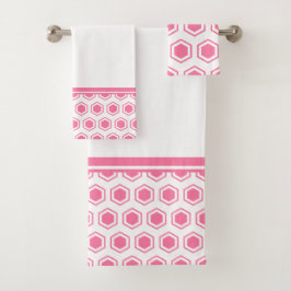 Conjunto De Toalhas Padrão Hexagonal Rosa e Branco