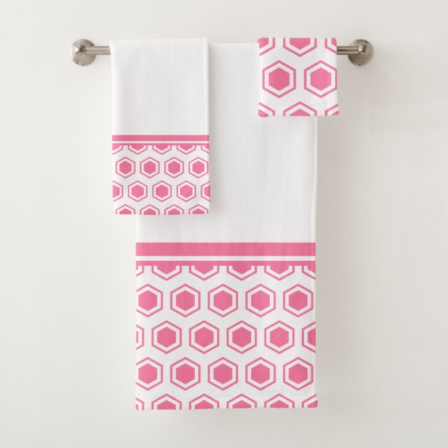 Conjunto De Toalhas Padrão Hexagonal Rosa e Branco (Insitu)