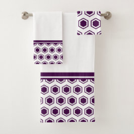 Conjunto De Toalhas Padrão Hexagonal Roxo e Branco