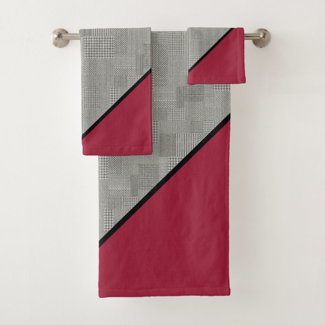 Conjunto De Toalhas Padrão Houndstooth, Stripes Negras, Borgonha (Insitu)