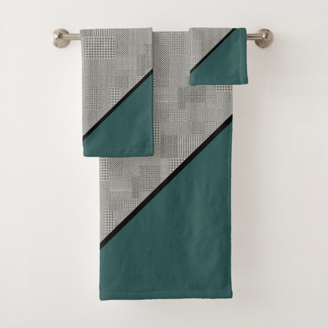 Conjunto De Toalhas Padrão Houndstooth, Stripes Negras, Verde (Insitu)