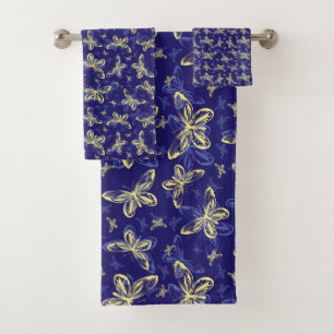 Conjunto De Toalhas Padrão Ilustrado de Borboleta Azul e Amarelo