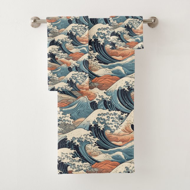 Conjunto De Toalhas Padrão Japonês da Grande Onda  (Insitu)