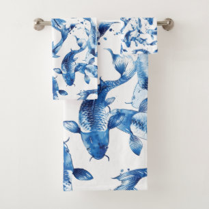 Conjunto De Toalhas Padrão Koi indigo shibori