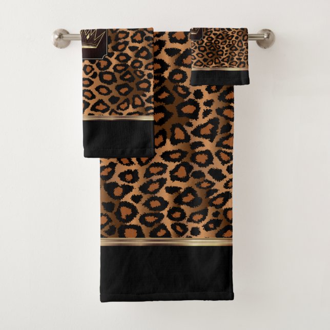 Conjunto De Toalhas Padrão Leopardo Castanho e Negro com Coroa (Insitu)