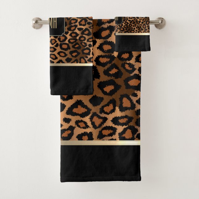 Conjunto De Toalhas Padrão-Leopardo ouro Castanho e Preto - Monograma (Insitu)