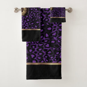 Conjunto De Toalhas Padrão-leopardo roxo e preto com uma cabeça-leão