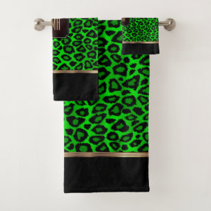 Conjunto De Toalhas Padrão-Leopardo verde limão e Preto com Monogram