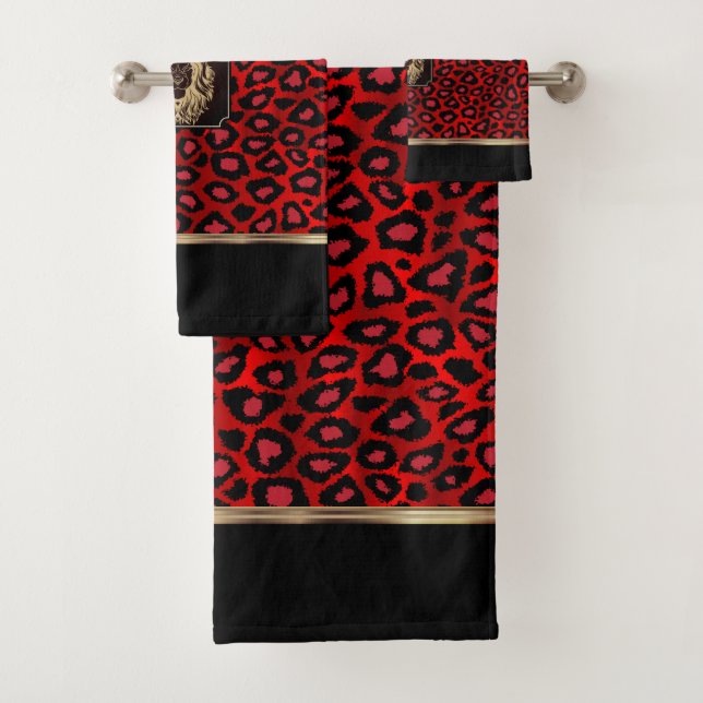 Conjunto De Toalhas Padrão-Leopardo Vermelho e Negro com Banheira-Leão (Insitu)