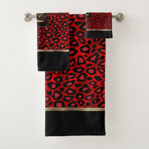 Conjunto De Toalhas Padrão-Leopardo Vermelho e Negro com Coroa