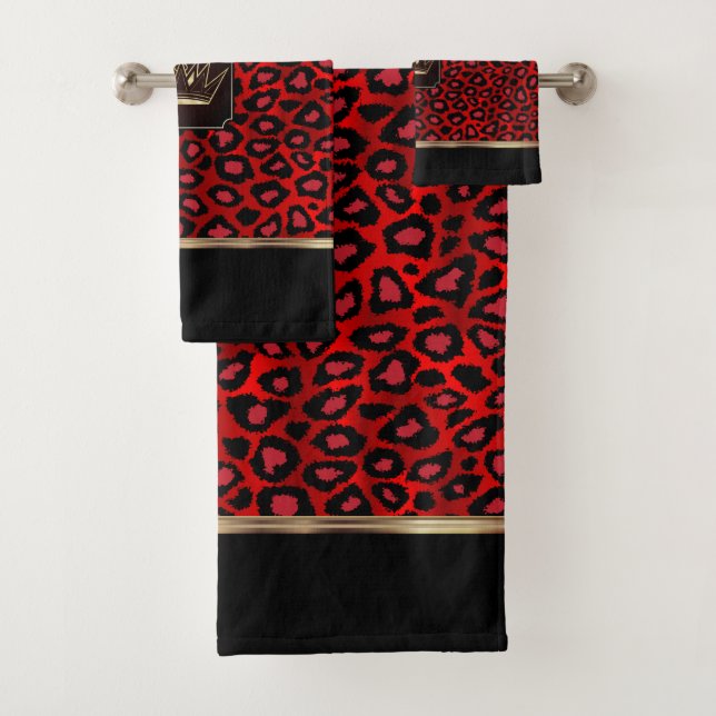 Conjunto De Toalhas Padrão-Leopardo Vermelho e Negro com Coroa (Insitu)