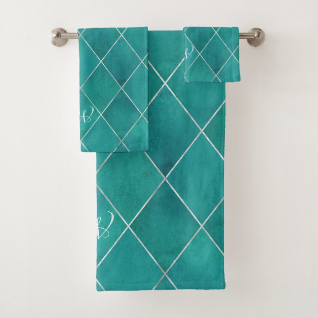 Conjunto De Toalhas Padrão Lúxurioso Aqua Green Silver Argyle Elegante (Insitu)