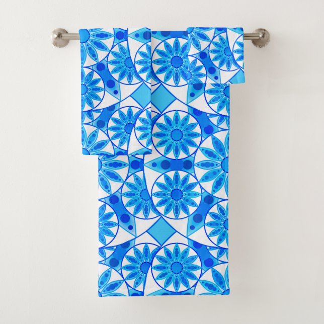 Conjunto De Toalhas Padrão Mandala, Azul Cobalto, Turquesa e Branco (Insitu)