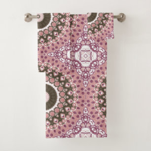 Conjunto De Toalhas Padrão Mandala Rosa e Mocha Geometria Floral