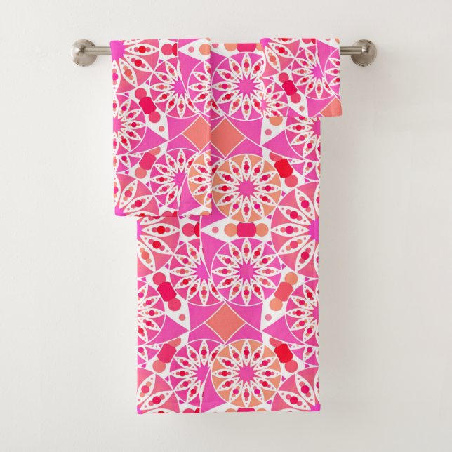 Conjunto De Toalhas Padrão mandala, tons de rosa e coral (Insitu)
