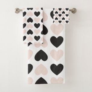Conjunto De Toalhas Padrão Moderno de Corações de Amor Preto Rosa