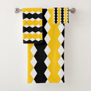 Conjunto De Toalhas Padrão Moderno Funky Geométrico Preto e Amarelo