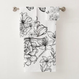 Conjunto De Toalhas Padrão natural floral preto e branco minimalista
