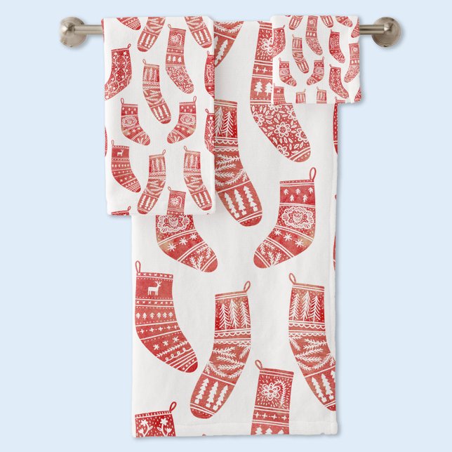 Conjunto De Toalhas Padrão Norueguês de Existências de Natal (Nordic Scandinavian stockings red and white towel set)