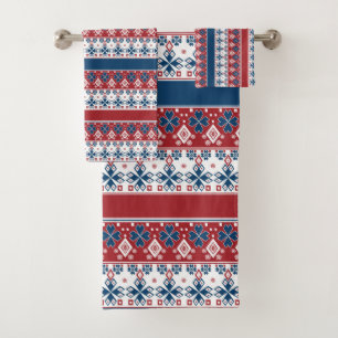 Conjunto De Toalhas Padrão Norueguês Striped Azul Vermelho