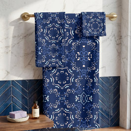 Conjunto De Toalhas Padrão Ornado Azul Branco Mediterrâneo Azulejo