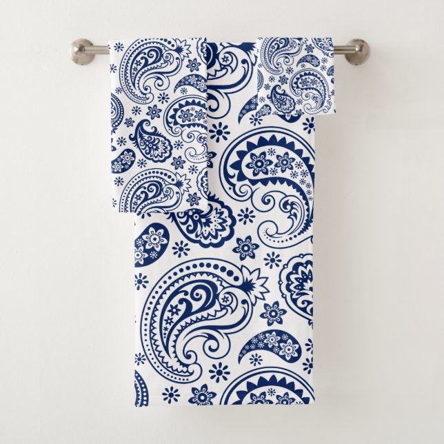 Conjunto De Toalhas Padrão paisley de vinheta branca e azul (Insitu)