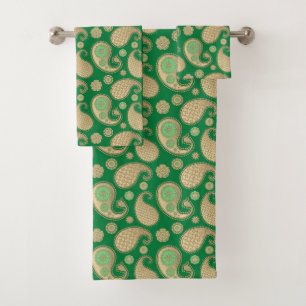 Conjunto De Toalhas Padrão Paisley, Dourado suave no Emerald Green