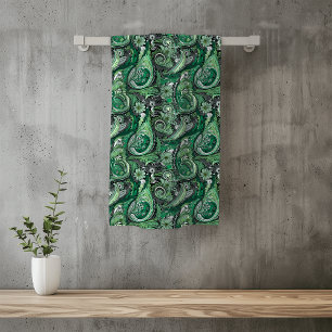 Conjunto De Toalhas Padrão Paisley Verde e Cinza