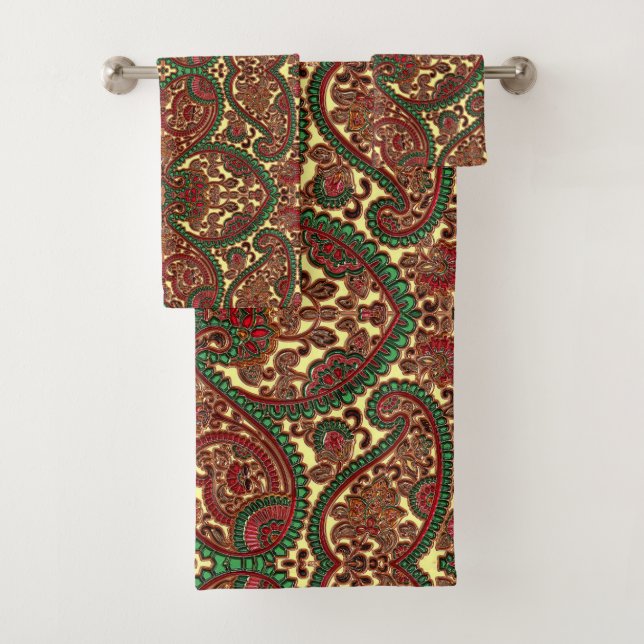 Conjunto De Toalhas Padrão paisley vitoriano elegante, vermelho, ouro (Insitu)
