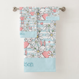Conjunto De Toalhas Padrão Personalizado de Bunnies de Amor de Texto