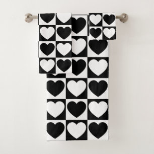 Conjunto De Toalhas Padrão Preto e Branco Verificado com Corações