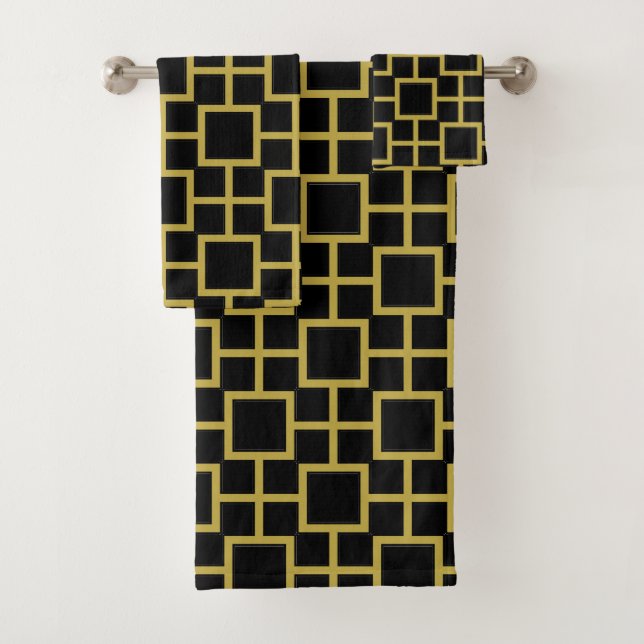 Conjunto De Toalhas Padrão Quadrado Moderno Dourado a Preto (Insitu)