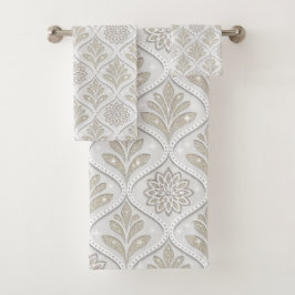 Conjunto De Toalhas Padrão Quatrefoil Bege e Branco Brilhante