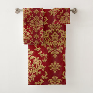 Conjunto De Toalhas Padrão Real de Damasco Vermelho e Dourado Vintage