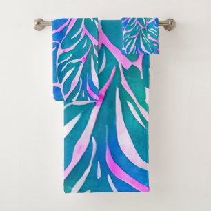 Conjunto De Toalhas Padrão Rosa Azul-Folha Tropical
