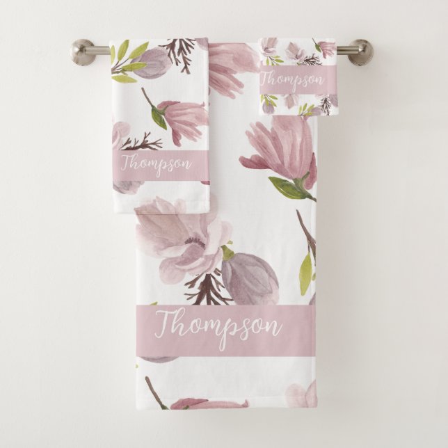 Conjunto De Toalhas Padrão rosa feminino do pincel do monograma elegan (Insitu)