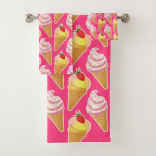 Conjunto De Toalhas Padrão rosa Kawaii com sorvete de morango