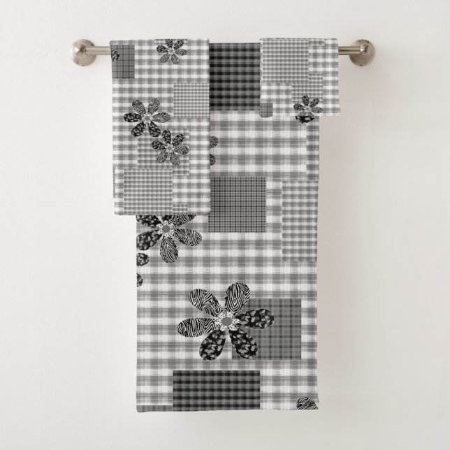 Conjunto De Toalhas Padrão rústico de retalhos preto e branco retrô (Insitu)