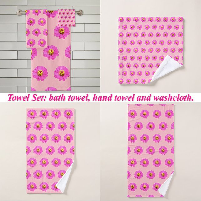 Conjunto De Toalhas Padrão sem costura da Flor Zinnia rosa ativado (Pink Zinnia flower seamless pattern on bath towel set: wash cloth, hand towel and bath towel)