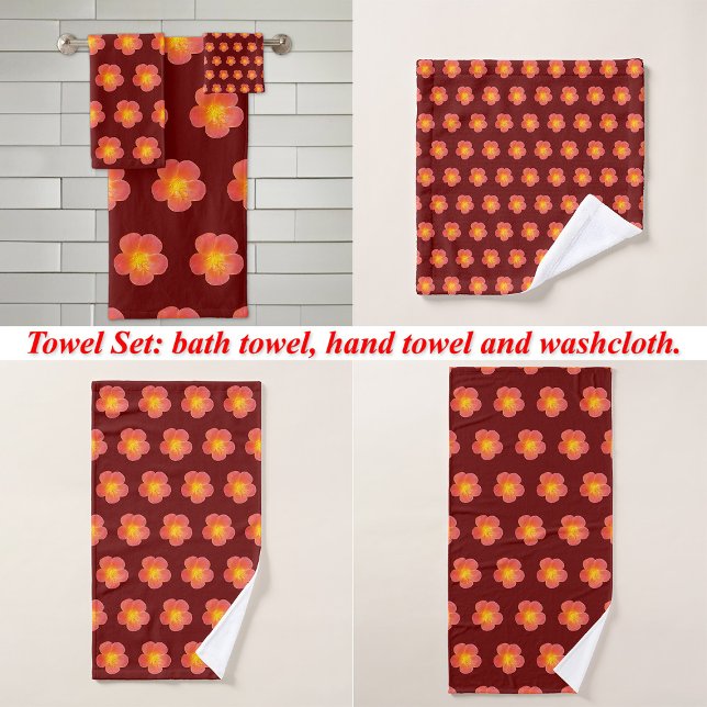 Conjunto De Toalhas Padrão sem soldadura do Rosa de Moss Vermelho ativ (Red Moss Rose flower seamless pattern on bath towel set: wash cloth, hand towel and bath towel)