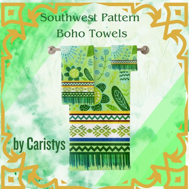 Conjunto De Toalhas Padrão Sudoeste Boho Flores Azul, Verde, Amarelo (Criador carregado)