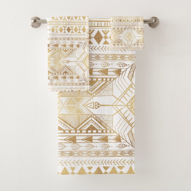 Conjunto De Toalhas Padrão Trendy Dourado Geométrico Tribal Aztec (Insitu)