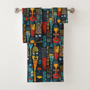 Conjunto De Toalhas Padrão tribal africano com ídolos.
