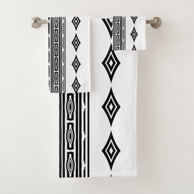 Conjunto De Toalhas Padrão Tribal Aztec Preto e Branco Riscado (Insitu)