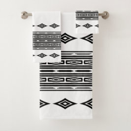 Conjunto De Toalhas Padrão Tribal Aztec Preto e Branco Riscado