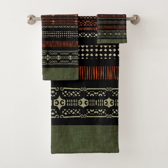 Conjunto De Toalhas Padrão Tribal de Linen Verde  (Insitu)