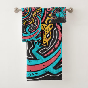 Conjunto De Toalhas Padrão tribal mitológico boho Axolote Xolotl Astec