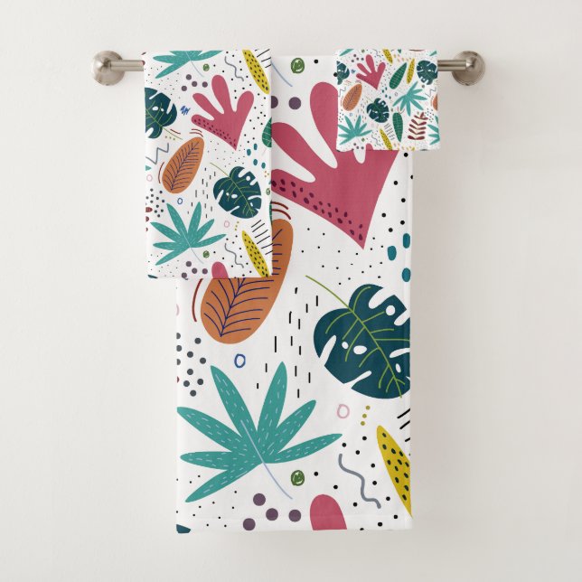 Conjunto De Toalhas padrão tropical com folhas coloridas (Insitu)