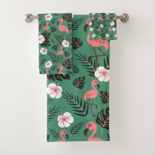 Conjunto De Toalhas Padrão uniforme Flamingo rosa sobre fundo verde