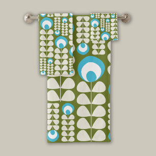 Conjunto De Toalhas Padrão Verde, Azul Claro, Flores de Médio de Creme